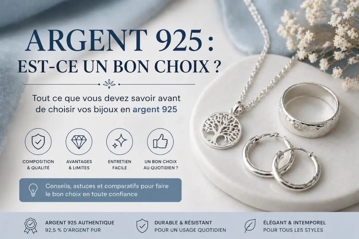 bijoux en argent 925 avec bague collier et boucles d’oreilles sur fond élégant avec guide sur la qualité et la durabilité