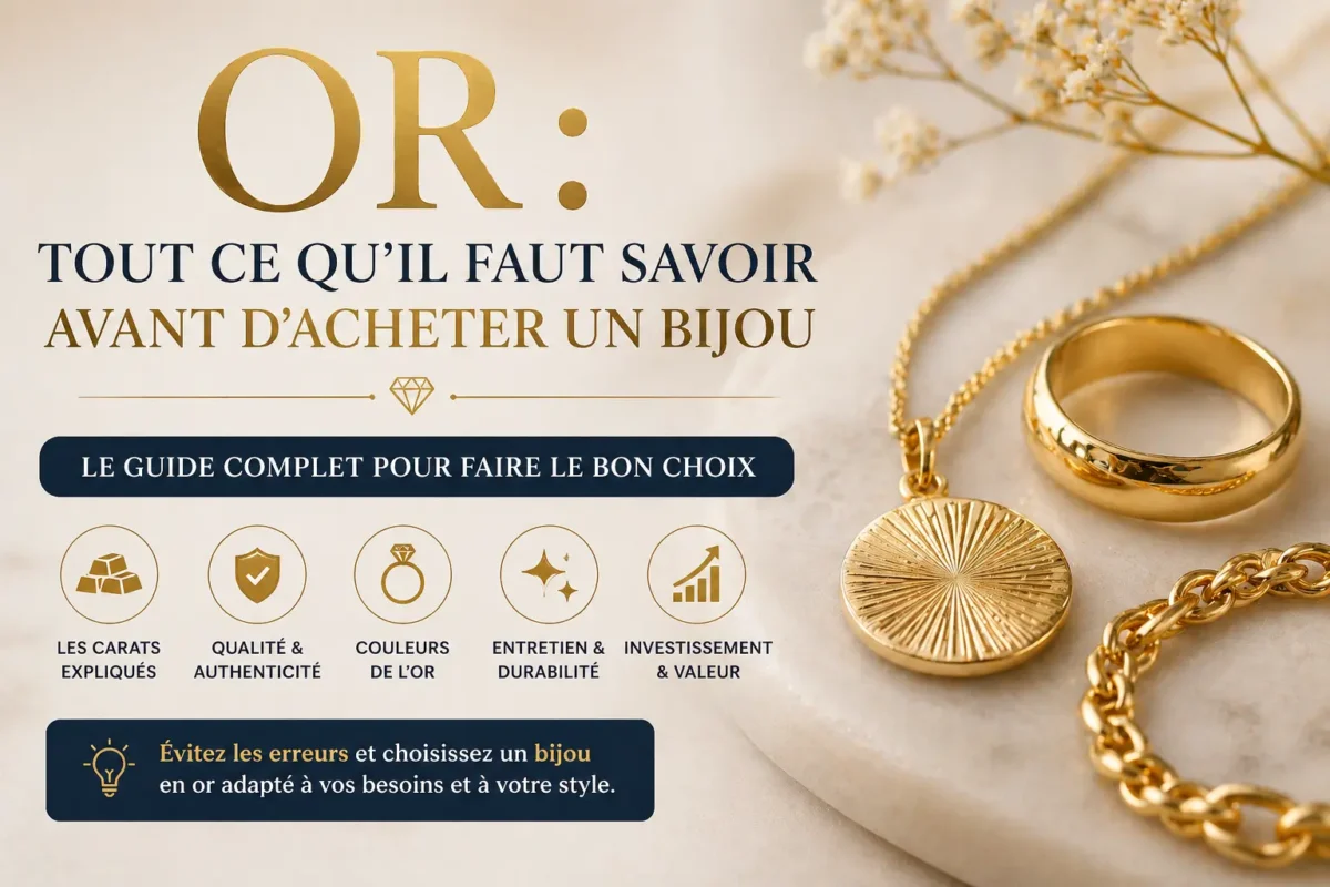 bijoux en or avec bague collier et chaîne sur fond beige avec guide sur les carats la qualité et l’achat de bijoux en or