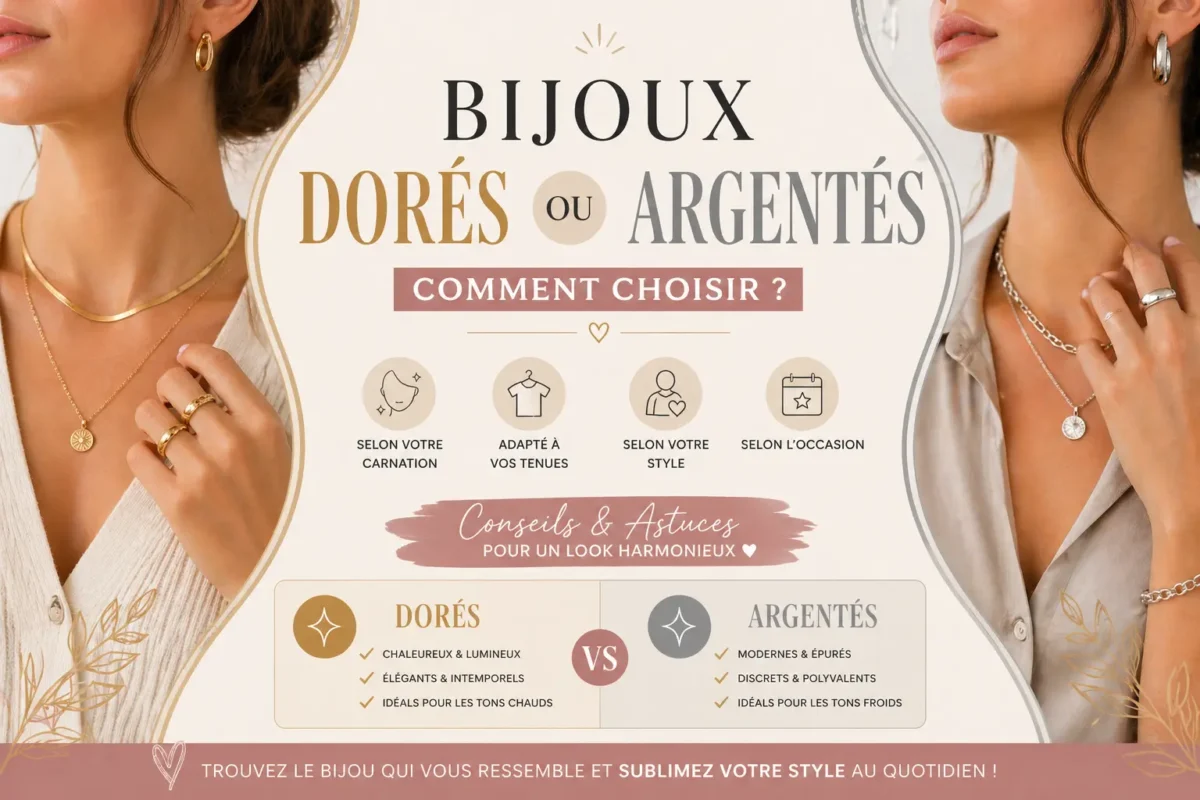 Comparaison entre bijoux dorés et argentés portés avec différentes tenues élégantes
