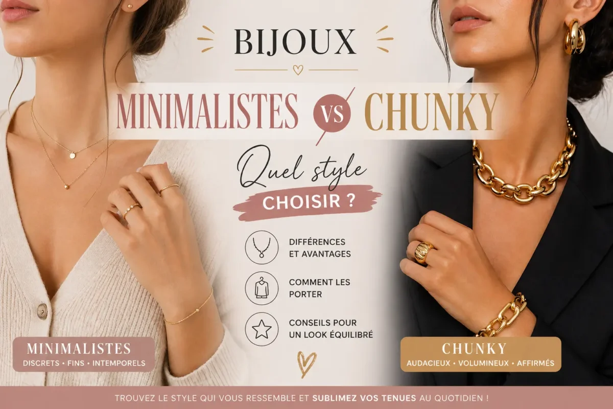 Comparaison entre bijoux minimalistes fins et bijoux chunky volumineux portés avec des tenues modernes