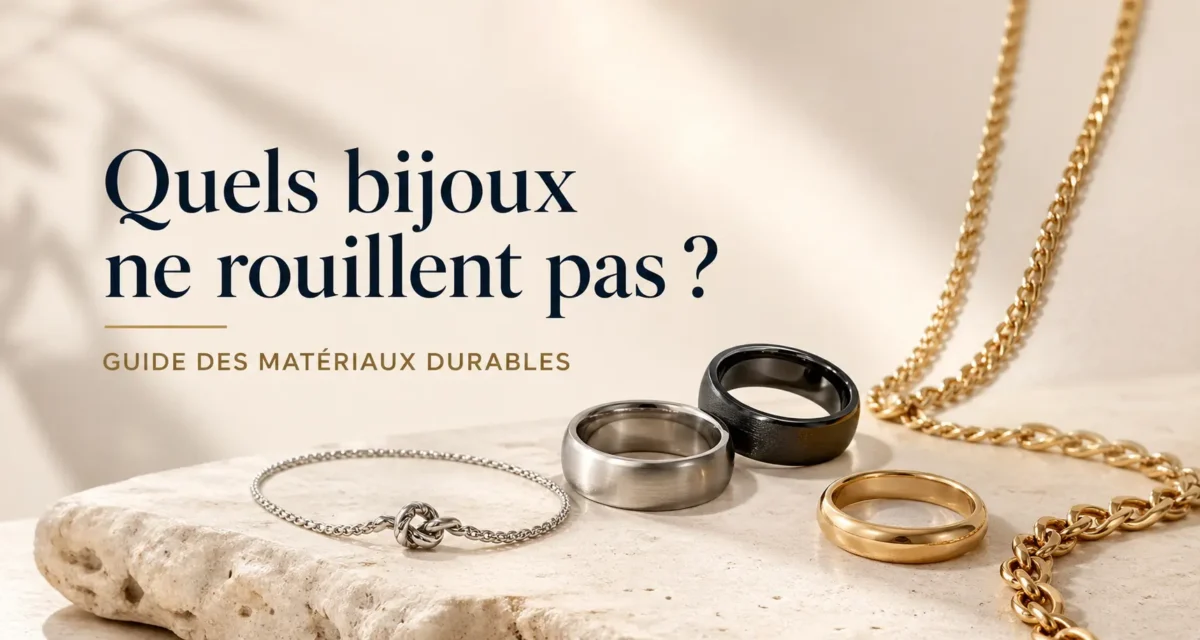 bijoux qui ne rouillent pas en acier inoxydable titane et or présentés sur fond beige élégant