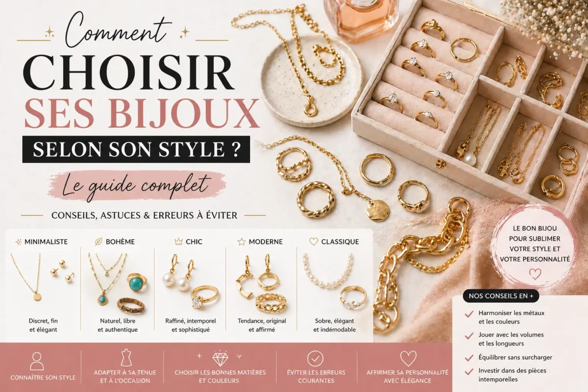 Choix de bijoux selon son style avec différentes bagues, colliers et accessoires pour créer un look harmonieux