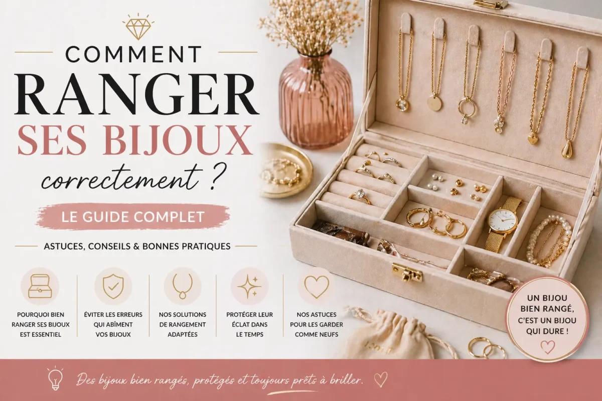 Boîte à bijoux organisée avec colliers, bagues et bracelets rangés correctement pour éviter rayures et nœuds