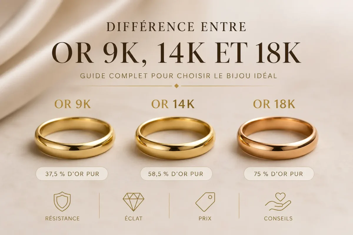 Différence entre or 9k, 14k et 18k avec comparaison des bagues en or et leurs pourcentages d’or pur