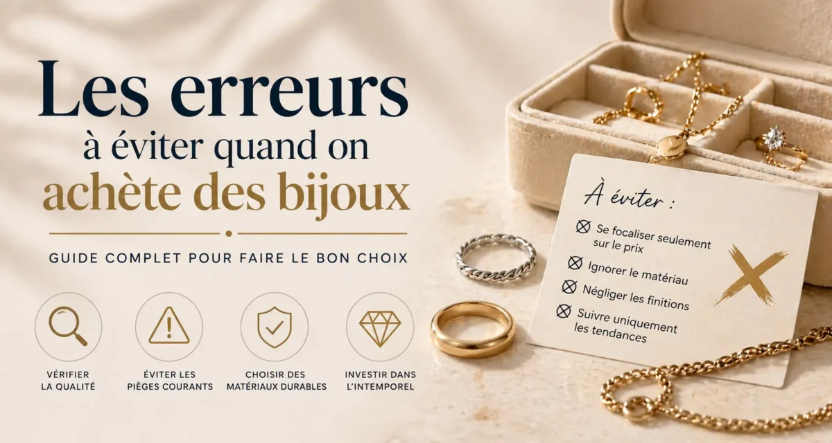 erreurs à éviter quand on achète des bijoux avec exemples de mauvais choix et bijoux en or présentés sur fond beige élégant