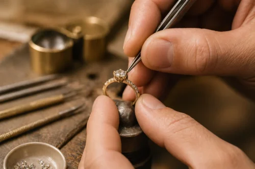 artisan joaillier sertissant un diamant sur une bague en or gros plan fabrication bijou de qualité