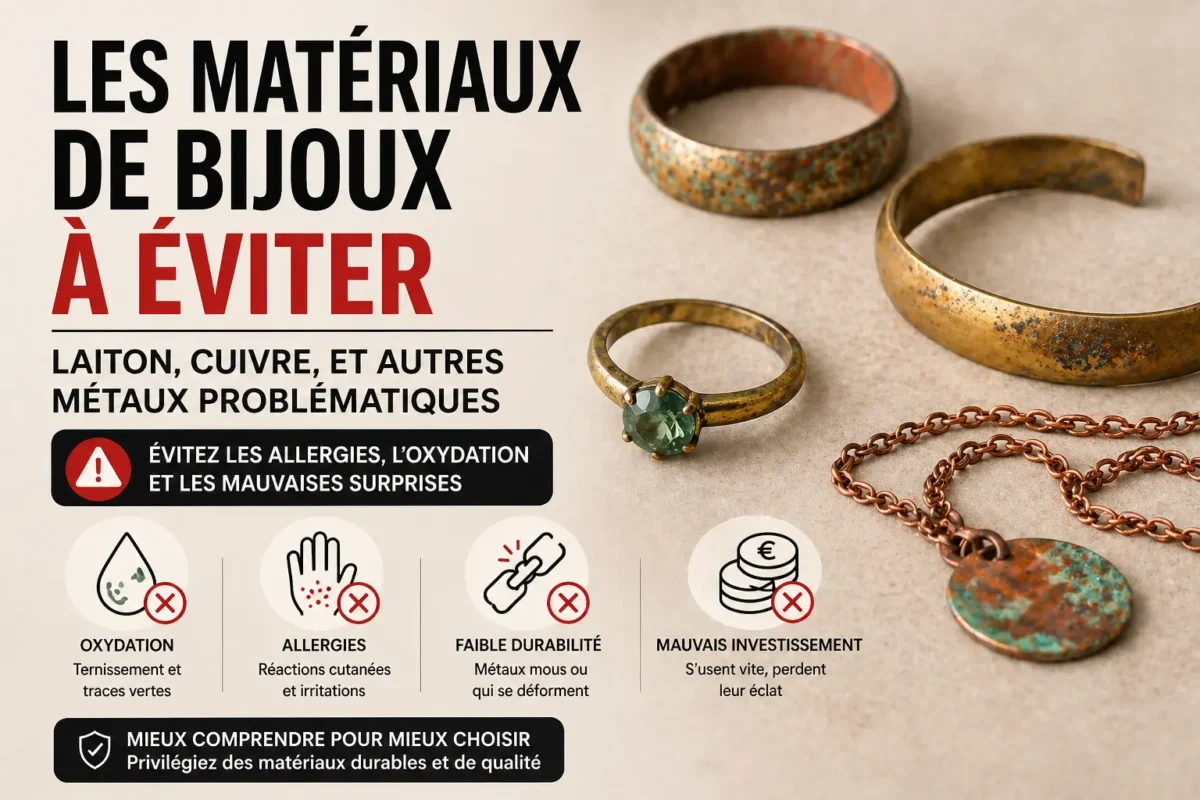 bijoux en laiton et cuivre oxydés avec traces de corrosion illustrant les matériaux de bijoux à éviter et leurs effets sur la durabilité