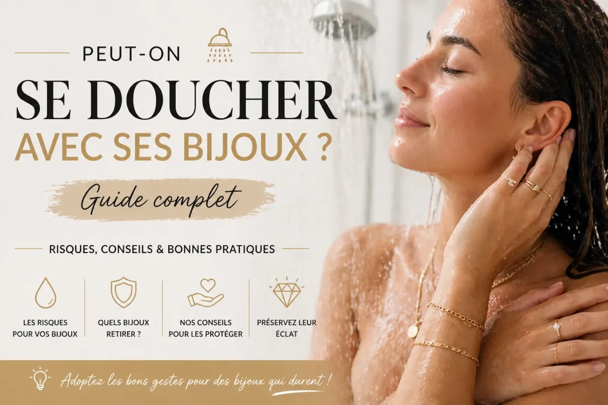 Peut-on se doucher avec ses bijoux : femme sous la douche portant des bijoux en or et guide des bonnes pratiques