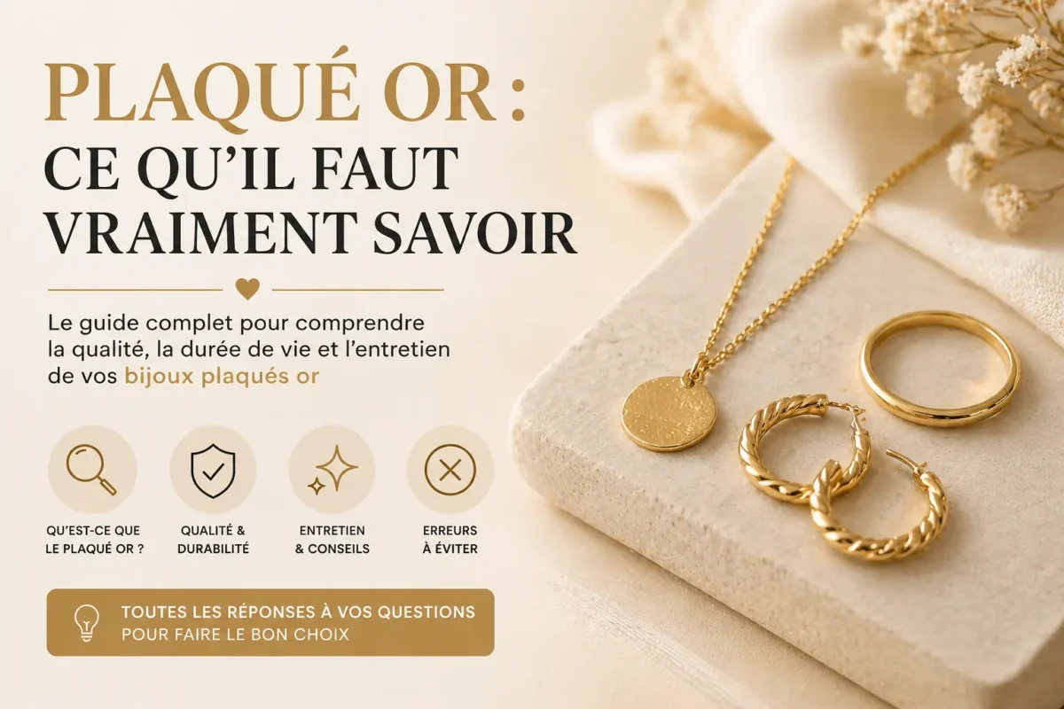 bijoux en plaqué or avec collier bague et boucles d’oreilles présentés sur fond beige avec guide sur la qualité et l’entretien