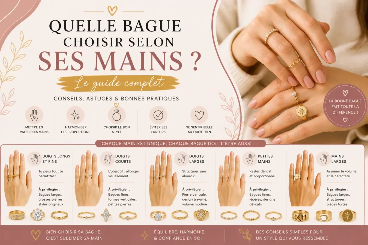 Différentes bagues portées sur des mains de morphologies variées pour illustrer le choix selon les doigts