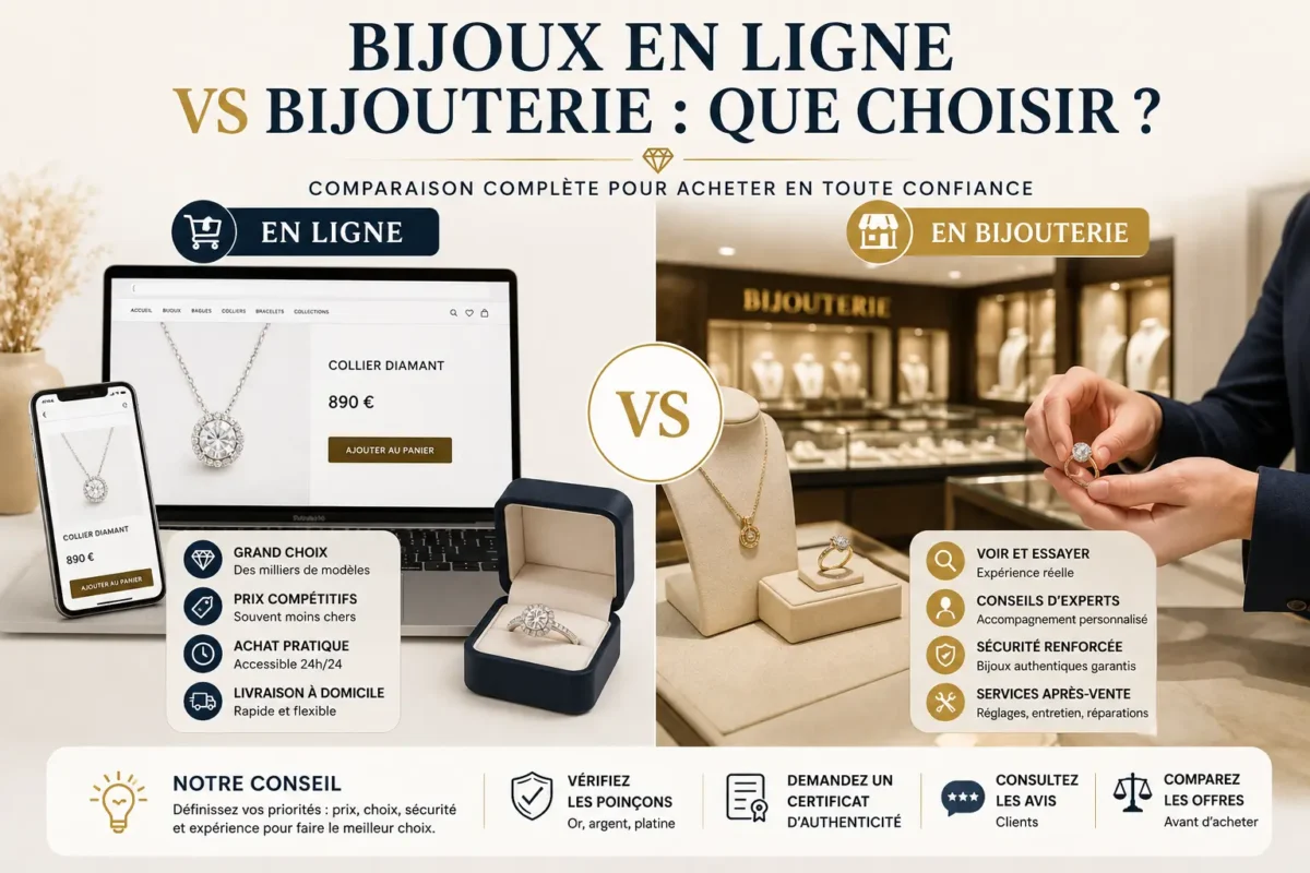 Comparaison achat bijoux en ligne et en bijouterie avec avantages et inconvénients pour choisir le meilleur canal