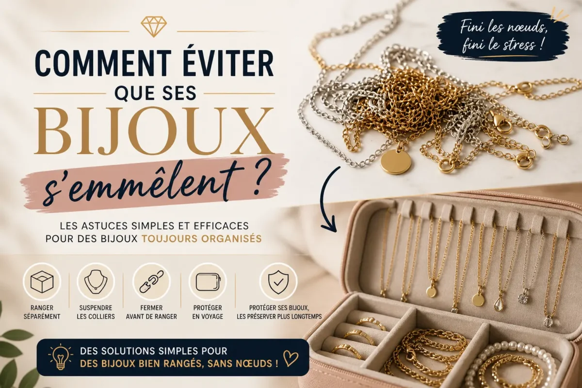 Colliers emmêlés avec nœuds illustrant le problème de bijoux mal rangés et difficiles à démêler