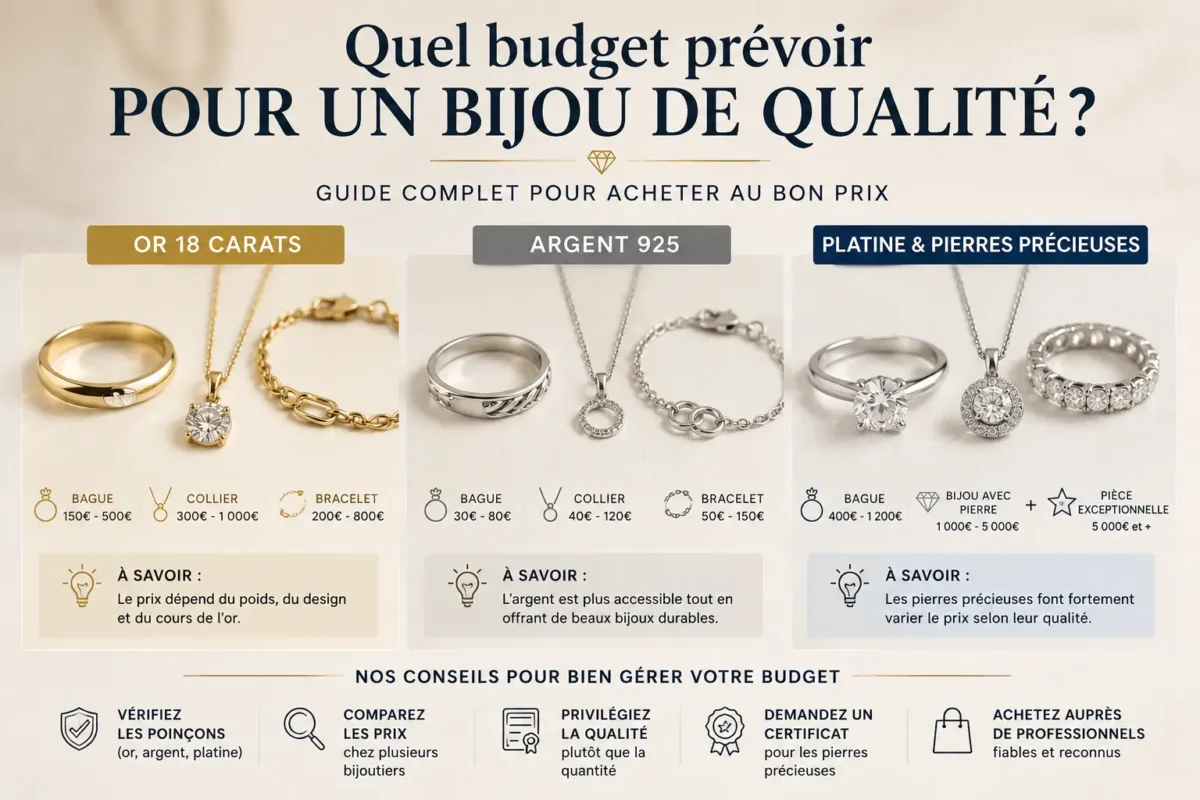 Comparaison de bijoux en or, argent et platine avec indication de prix pour comprendre le budget nécessaire selon la qualité
