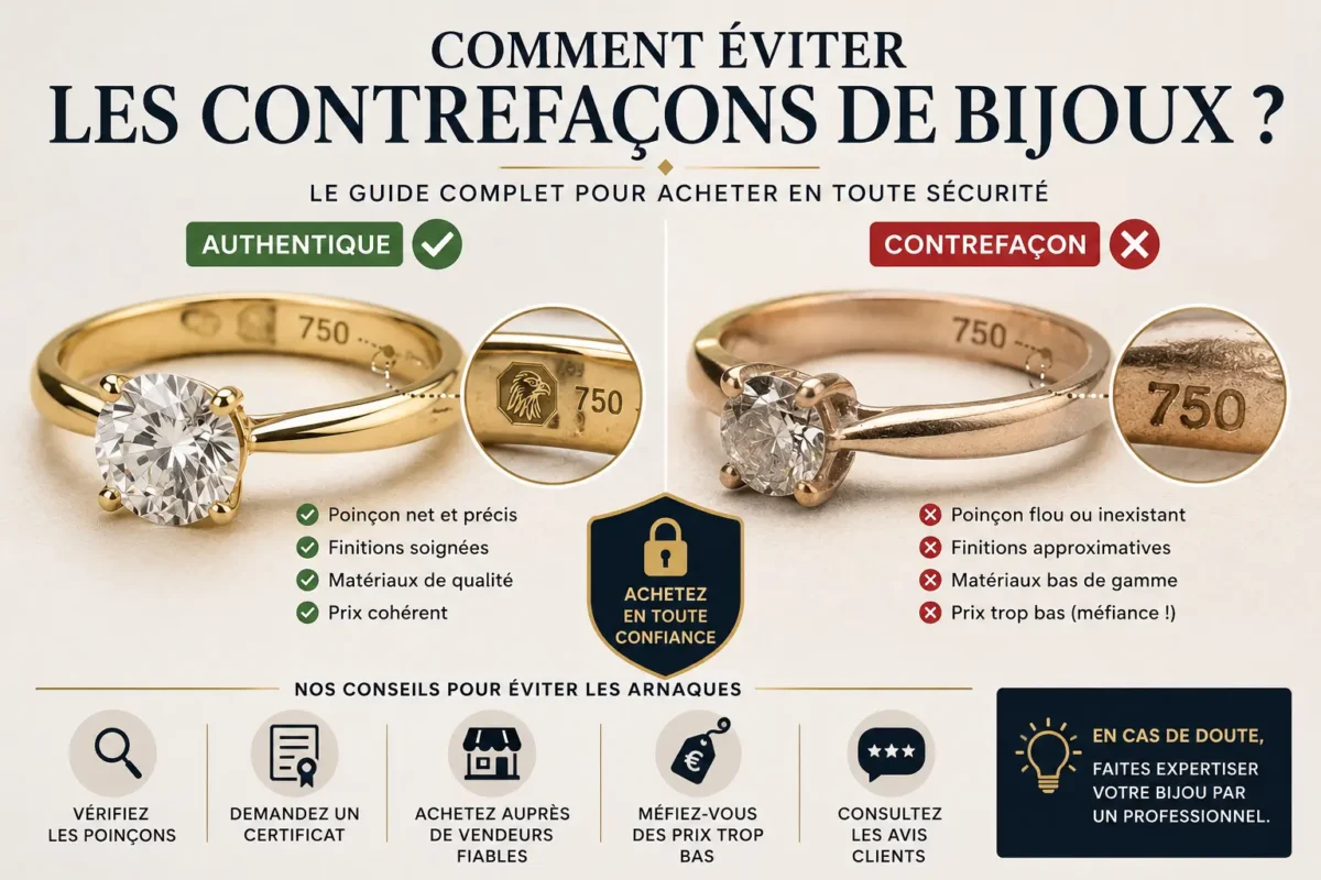 Comparaison bijou authentique et contrefaçon avec détails visibles pour apprendre à reconnaître un faux bijou