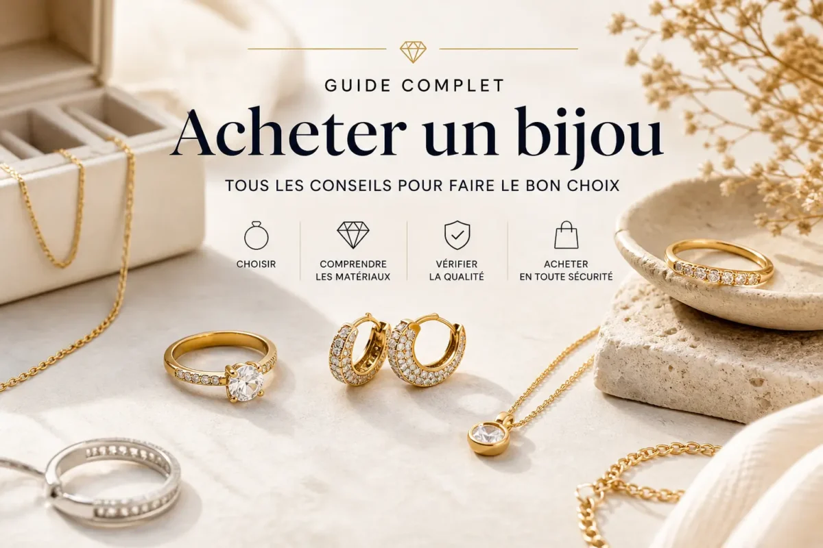 Guide complet pour acheter un bijou avec sélection de bagues, colliers et boucles d’oreilles en or sur fond élégant