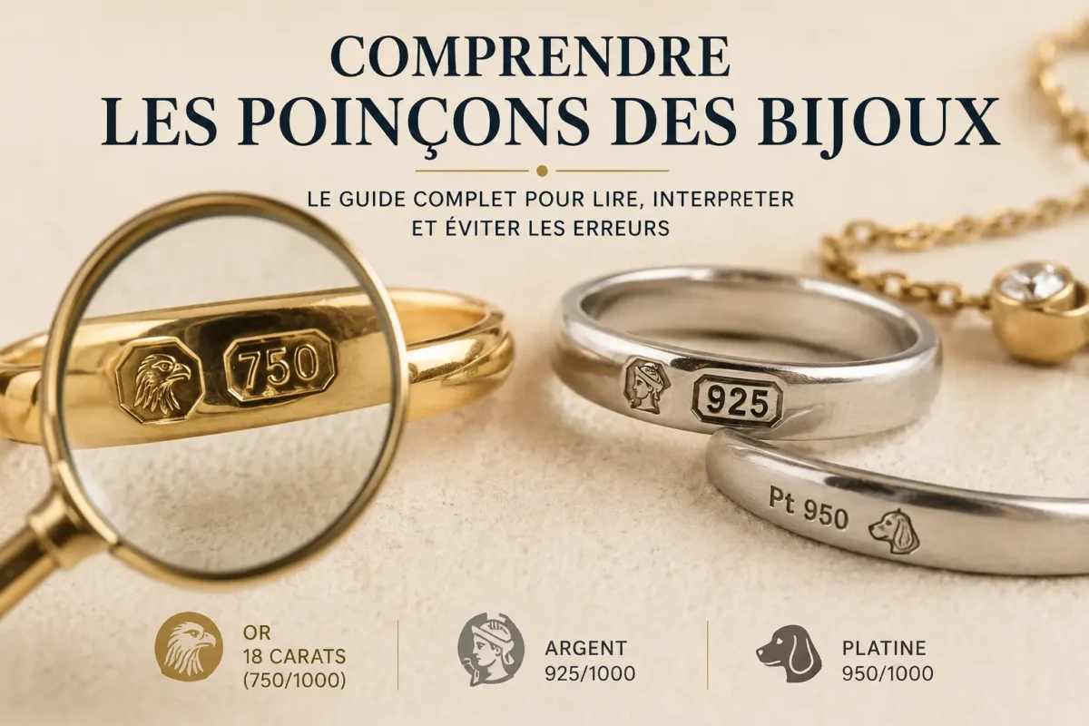 Poinçons bijoux or 750 argent 925 platine 950 avec loupe explicative pour comprendre la pureté des métaux précieux