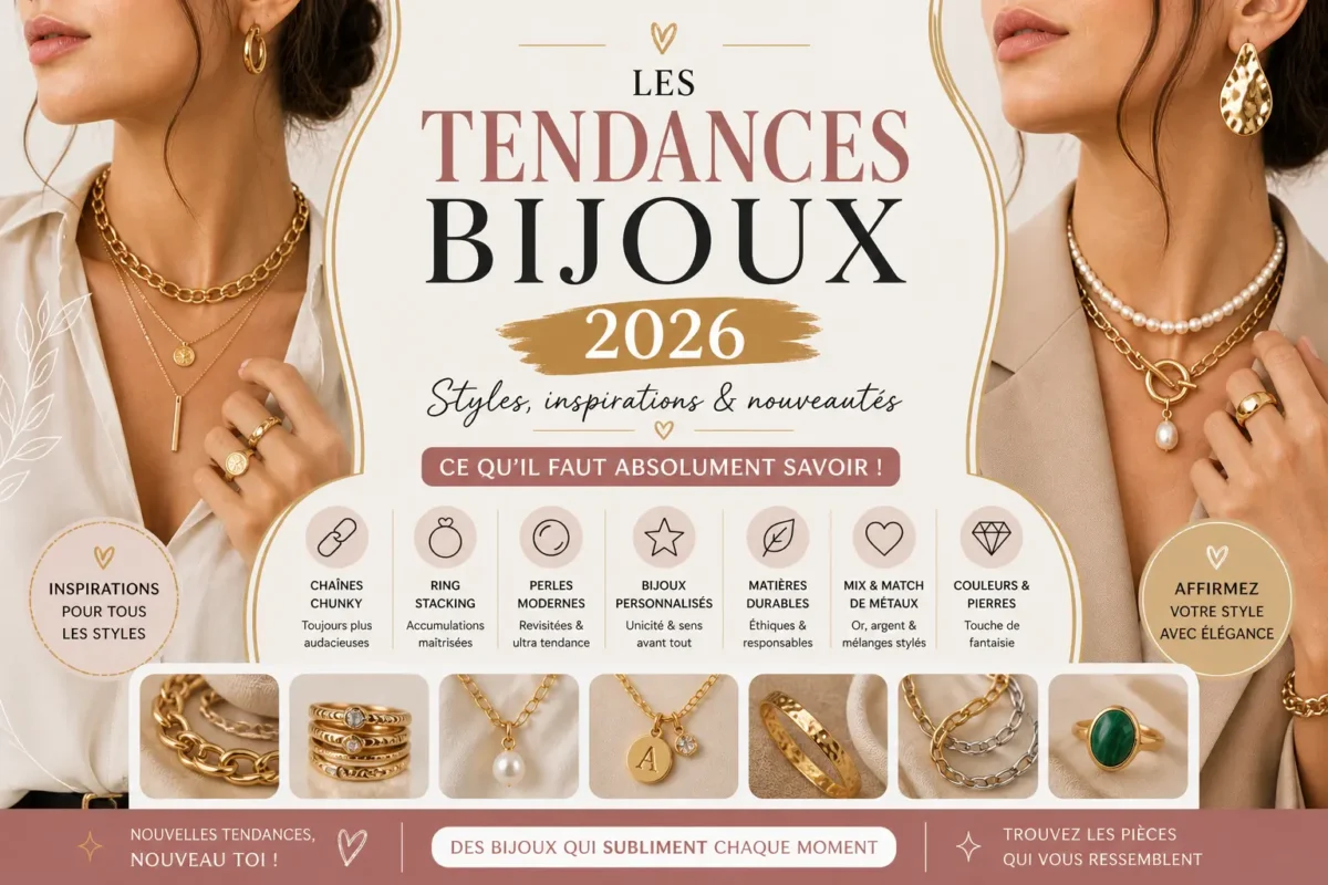 Sélection de bijoux tendance 2026 avec styles minimalistes et chunky dans un look moderne