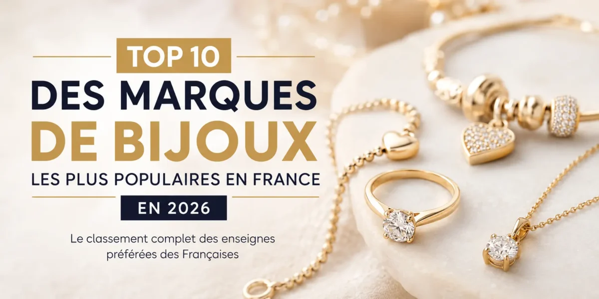 Top 10 des marques de bijoux les plus populaires en France en 2026 avec bijoux en or et diamant de luxe sur fond beige élégant
