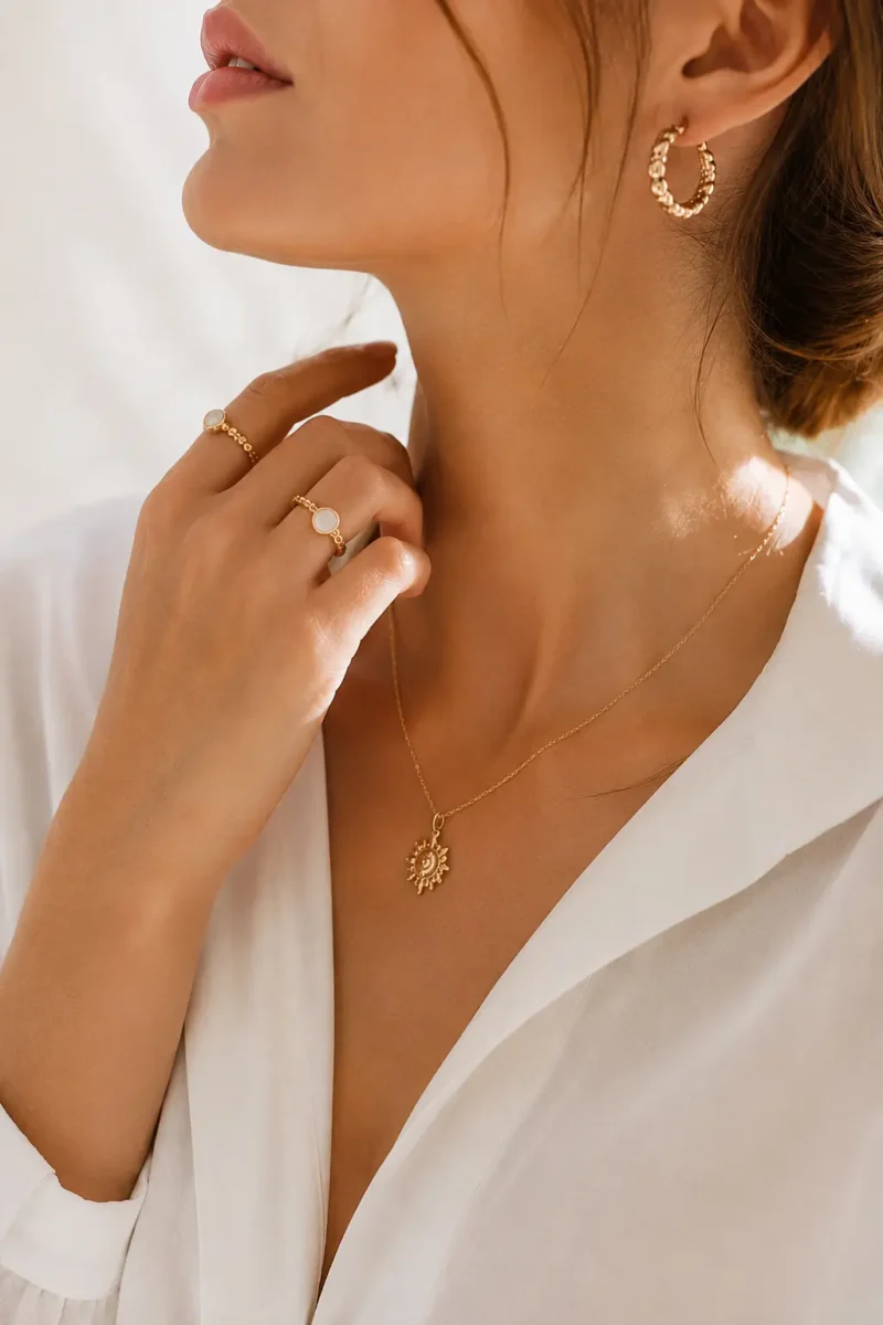 Femme portant des bijoux en or dans un univers élégant et lumineux. Creaselect.