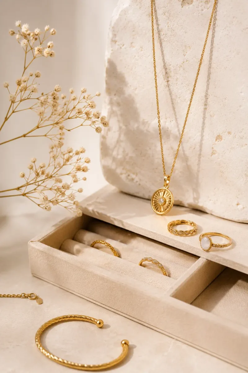Présentation de bijoux et accessoires dans un univers élégant et lumineux pour illustrer la visibilité des marques sur Creaselect