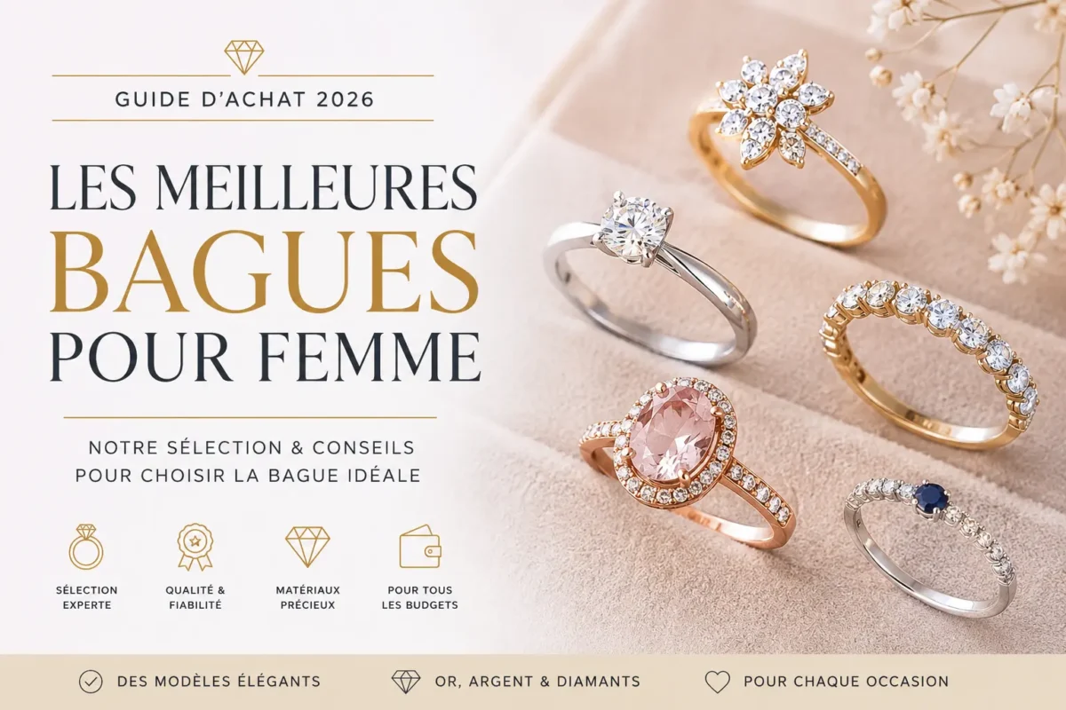Guide d'achat 2026 présentant une sélection des meilleures bagues pour femme en or, argent et diamants avec différents styles de bagues.